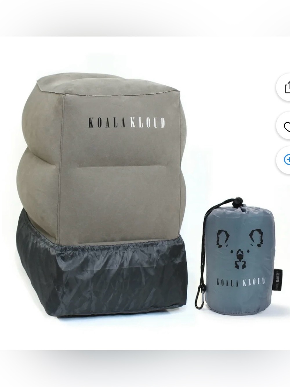 Koala Kloud Inflatable Gray Travel Pillow with Carry Bag
